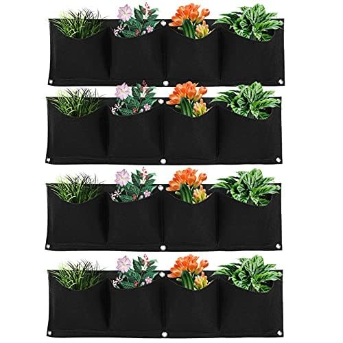 Wall Plant Bag,4Pcs Vertical Hanging Outdoor Wall Planter 4 Pocket Plant Grow Bag Wall Mounted Reusable Degradable Felt Garden Planter Succulents Artificial Flowers. (Black)