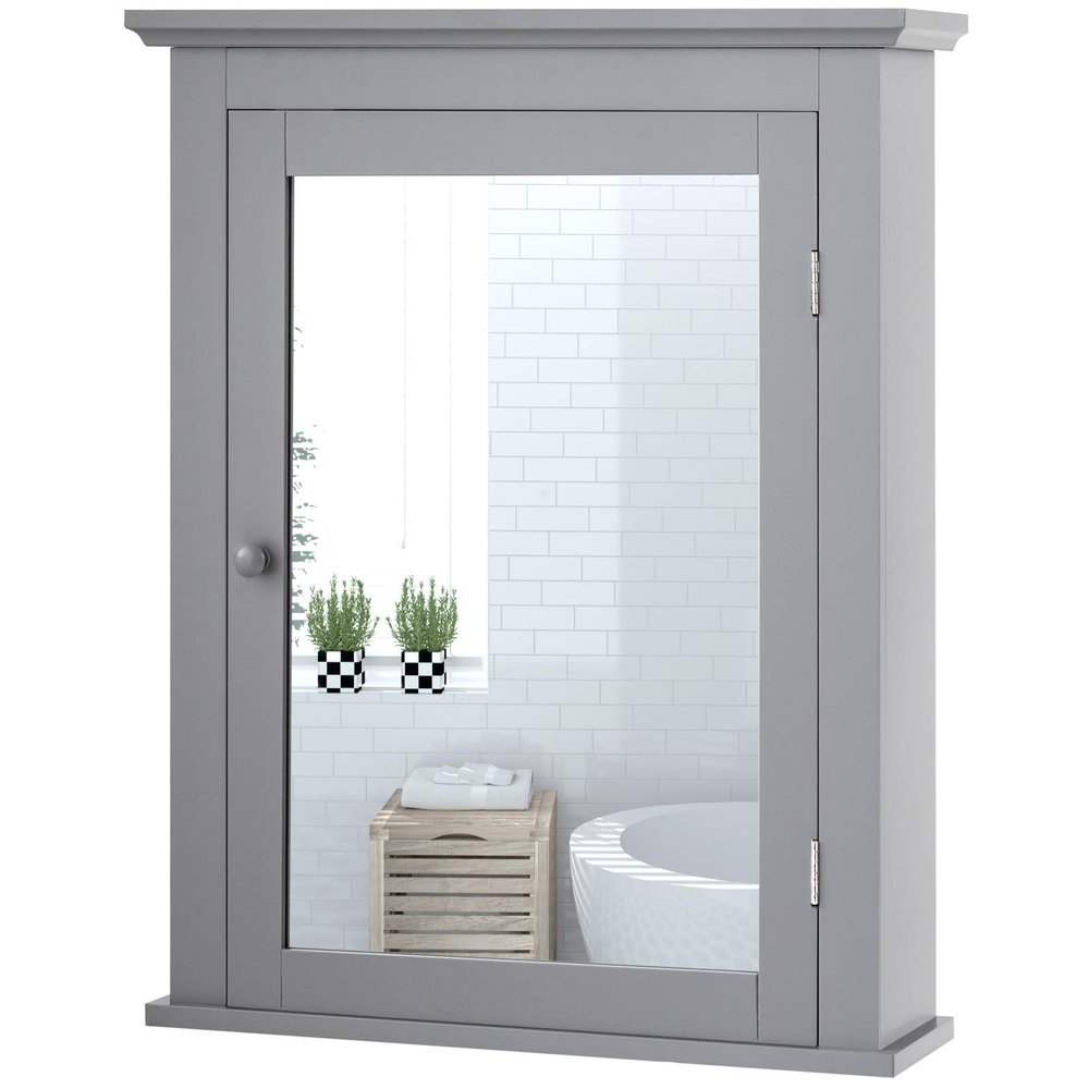 Tangkula Bathroom Cabinet with Mirror, Mirrored Wall-Mounted Storage Medicine Cabinet w/Single Door & Adjustable Shelf in 5 Positions, Multipurpose Wall Cabinet for Bathroom (Gray)