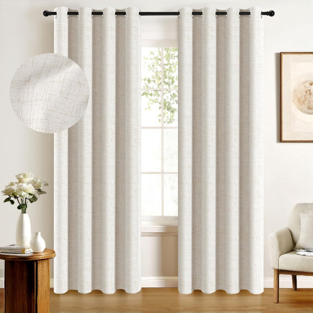 100% Blackout Curtains 96 Inches Long,Linen Blackout Curtains 96 Inch Length,Thermal Insulated Full Light Blocking Drapes for Living Rroom,(W50 x L96 1 Panel, Beige)