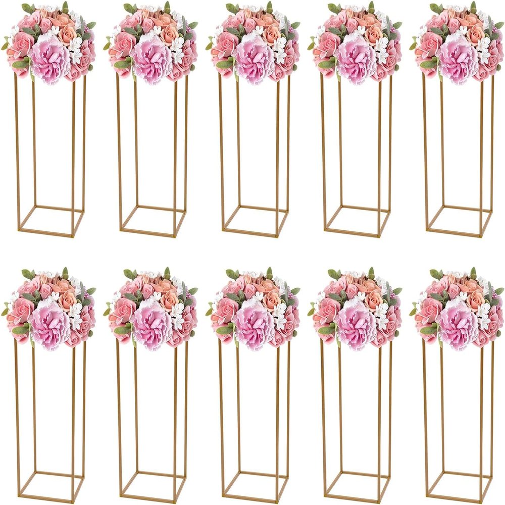 10 Pack 23.6 Inch Gold Wedding Flower Stand Metal Vase Column Stand Geometric Centerpiece Vase for Home Party Wedding Decorations, Rectangular Flower Display Rack