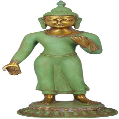 Exotic India Standing Thai Buddha - Brass Sculpture - Color Amazing Patina Gold Color