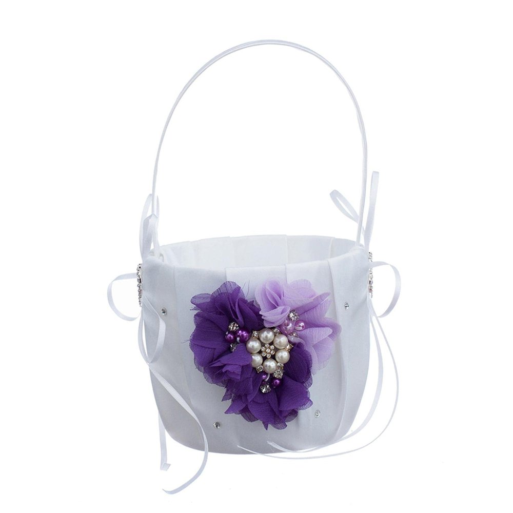 Milageto Wedding Ceremony Satin Flower Girl Basket with Heart Shape Dcor, Purple