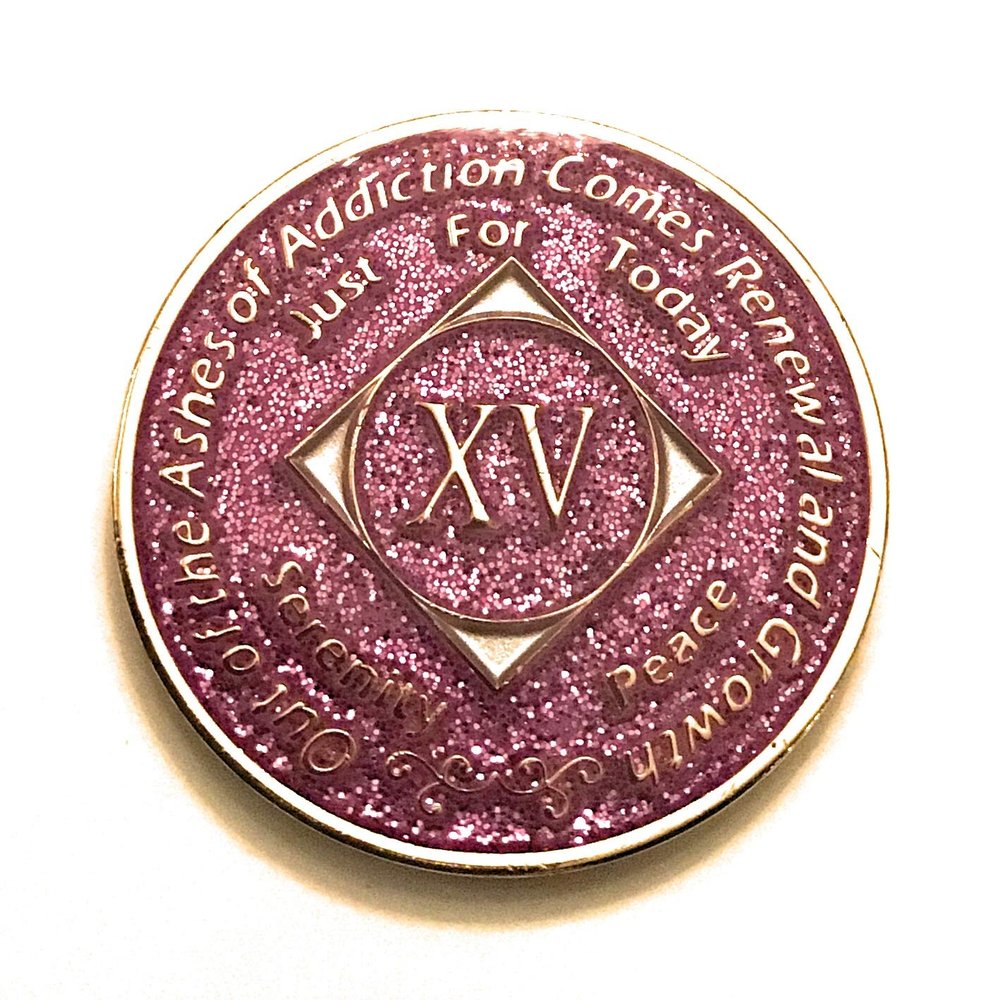 15 Year NA Bling Medallion - Purple, Lavender, Sparkle, Glitter, Chip, Coin, Token