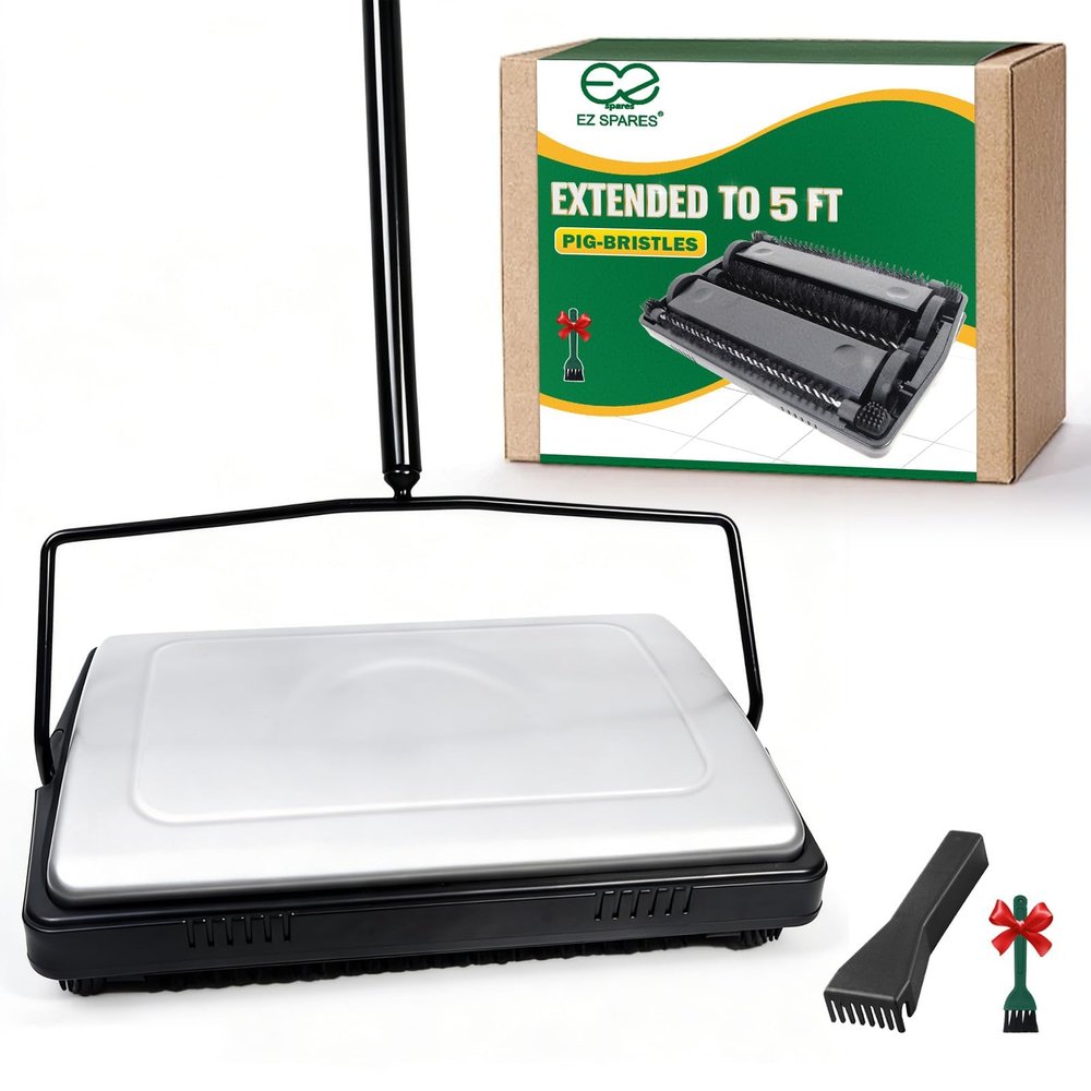 EZ SPARES Quiet Carpet Sweeper,Floor Sweeper with Pig-Bristles,Suitable for Carpet Cleaning Power,Roller Brush Strong,Bristle Sweeper,Great for House,Office,Kitchen,Carpet(Silver)