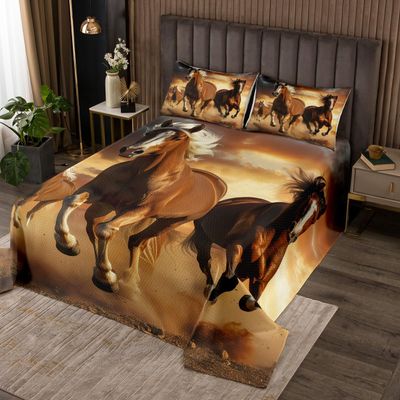 Brown Horse Bed Cover Set - Wild Running Horse Pattern Design - Duvet Cover, 2 Pillowcases with Zipper Ties (King)