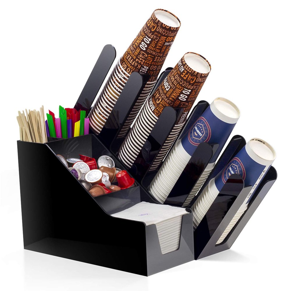 8 Compartment Coffee Condiment Organizer and Accessory Caddy - Coffee and Tea Cup Storage Holder for Kitchen and Office Organization