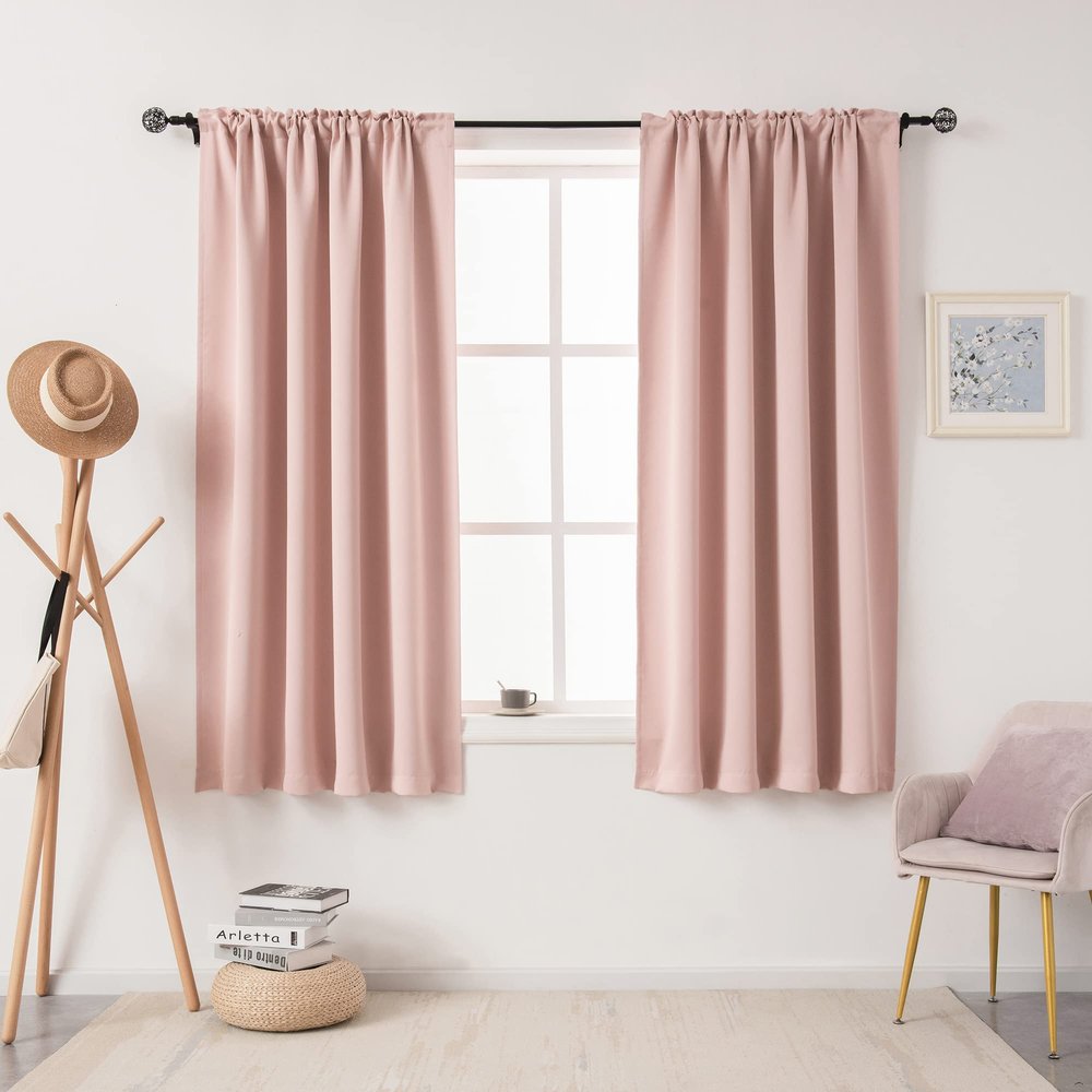 DUALIFE Blush Pink Curtains 45 Inch Length for Bedroom Small Windows - Thermal Insulated Blackout Soundproof Rod Pocket Curtains for Living Room Set of 2 Panels (Rose Blush, 42 by 45 Inch)