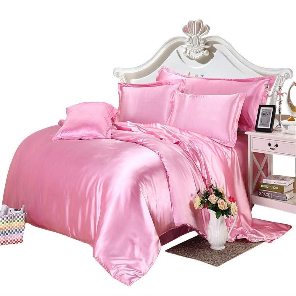 ABP Collection Duvet Set - Queen, Pink Soft Silky Satin Duvet Cover Sets (1 Button Closure Duvet Cover, 1 Fitted Sheet with 18" Deep Pocket, 2 Pillow Shams) 4 Pieces Duvet Cover Set