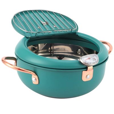 Tempura Deep Fryer Pot with Thermometer Japanese Style Stainless Steel Oil Pan for Induction Gas Electric Stoves Heat Cold Touch Handle Oil Level Indicator for Chicken Fish Fries