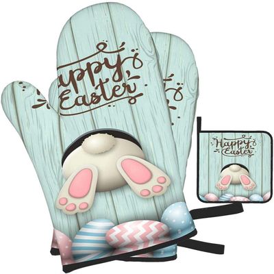 QIANKUI Funny Easter Bunny Cute Rabbit Eggs Oven Mitts and Potholders 3 Pcs Set, Professional Heat Resistant Cooking Gloves Pot Mats for Kitchen BBQ Baking