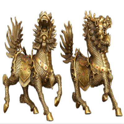 Brass Feng Shui Myth Dragon Head Kylin Qilin Chi-lin Beast Statue Pair (Runing, 4.8" H x 4.8" L x 2.4" W 2.6lb)