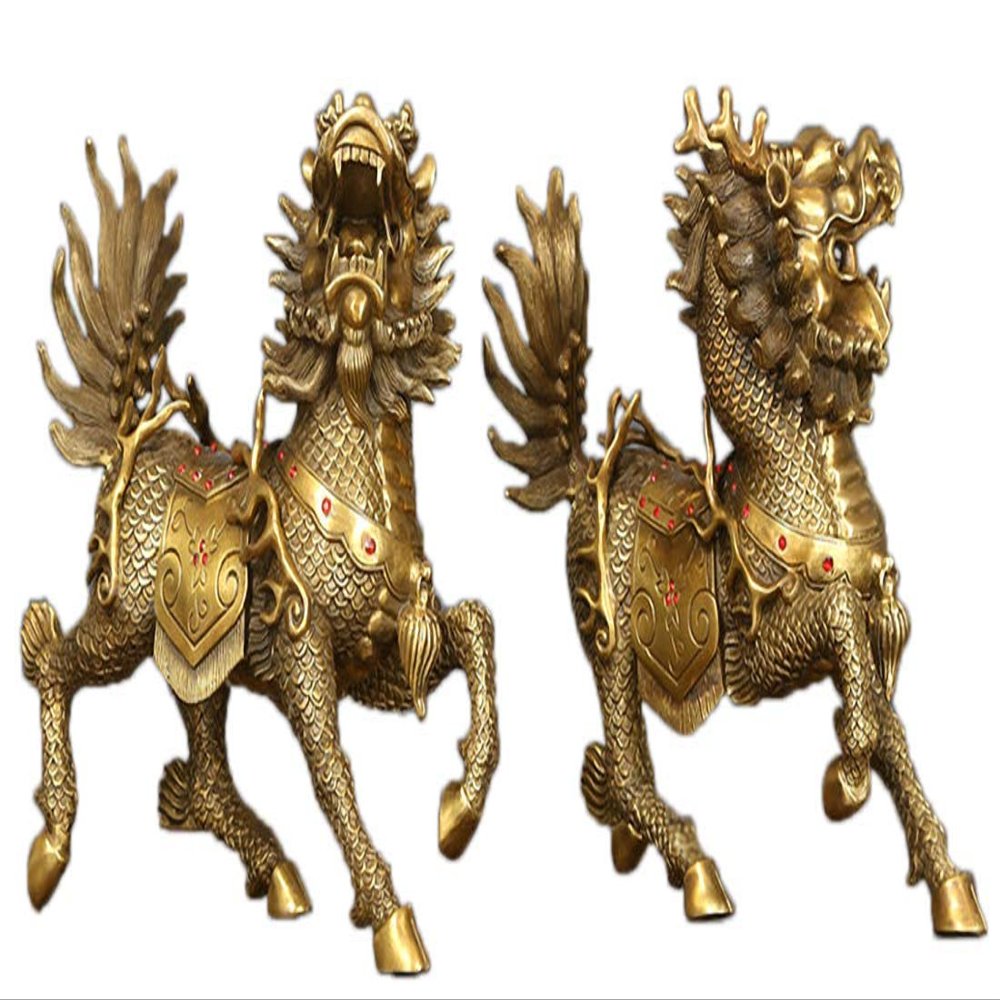 Brass Feng Shui Myth Dragon Head Kylin Qilin Chi-lin Beast Statue Pair (Runing, 4.8" H x 4.8" L x 2.4" W 2.6lb)
