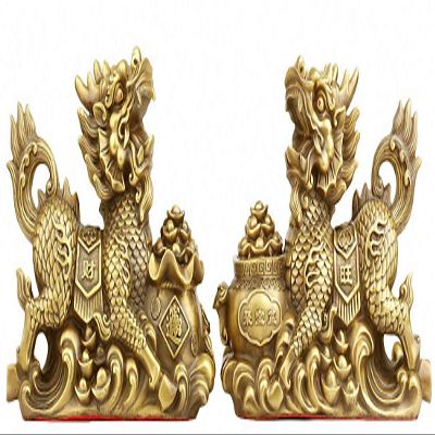 Brass Feng Shui Myth Dragon Head Kylin Qilin Chi-lin Beast Statue Pair (Treasure, 9.2" H x 13.6" L x 5.6" W 17.2lb)