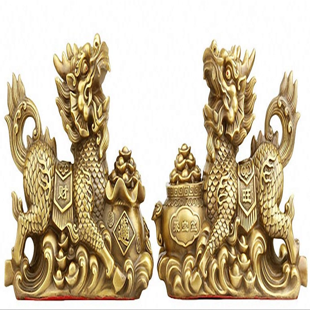 Brass Feng Shui Myth Dragon Head Kylin Qilin Chi-lin Beast Statue Pair (Treasure, 9.2" H x 13.6" L x 5.6" W 17.2lb)