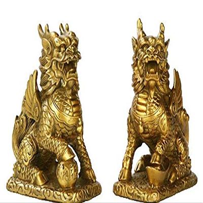 Brass Feng Shui Myth Dragon Head Kylin Qilin Chi-lin Beast Statue Pair (Seat Cloud, 6.7" H x 6" L x 3.6" W 5.3lb)