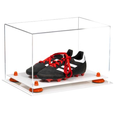 Better Display Cases Acrylic Kids Shoes Display Case - Medium Rectangle Box with Clear Case, Orange Risers and White Base 12" x 8.25" x 8" (A004, V41)