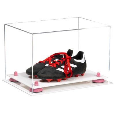 Better Display Cases Acrylic Kids Shoes Display Case - Medium Rectangle Box with Clear Case, Pink Risers and White Base 12" x 8.25" x 8" (A004, V41)