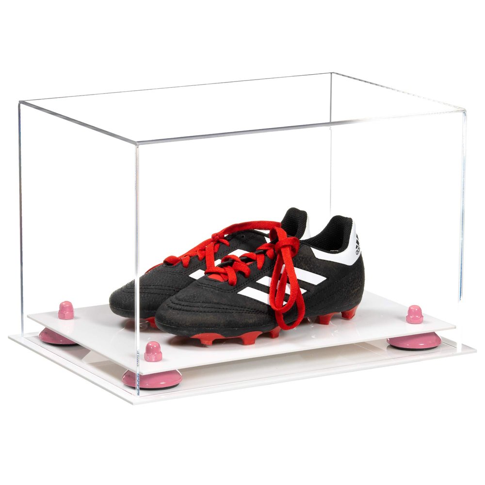 Better Display Cases Acrylic Kids Shoes Display Case - Medium Rectangle Box with Clear Case, Pink Risers and White Base 12" x 8.25" x 8" (A004, V41)