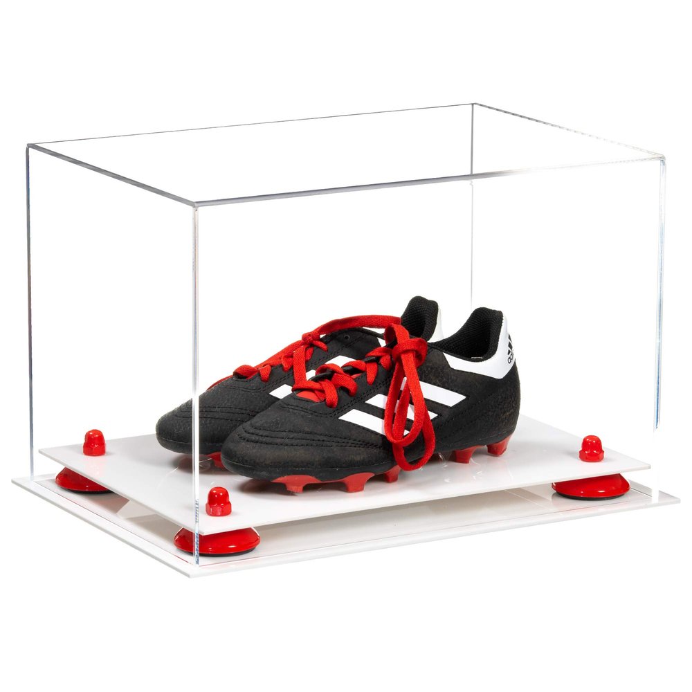 Better Display Cases Acrylic Kids Shoes Display Case - Medium Rectangle Box with Clear Case, Red Risers and White Base 12" x 8.25" x 8" (A004, V41)