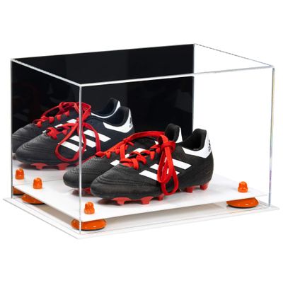 Better Display Cases Acrylic Kids Shoes Display Case - Medium Rectangle Box with Mirror Case, Orange Risers and White Base 12" x 8.25" x 8" (A004, V41)