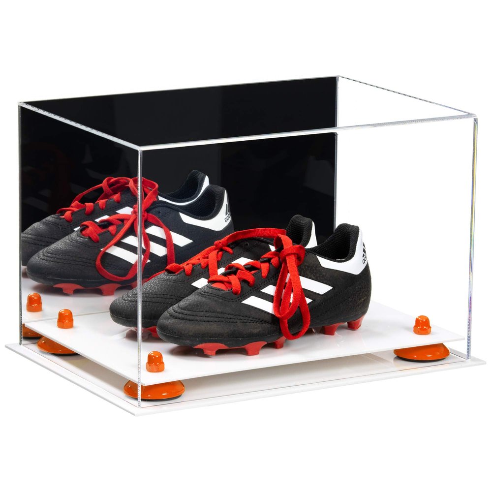 Better Display Cases Acrylic Kids Shoes Display Case - Medium Rectangle Box with Mirror Case, Orange Risers and White Base 12" x 8.25" x 8" (A004, V41)
