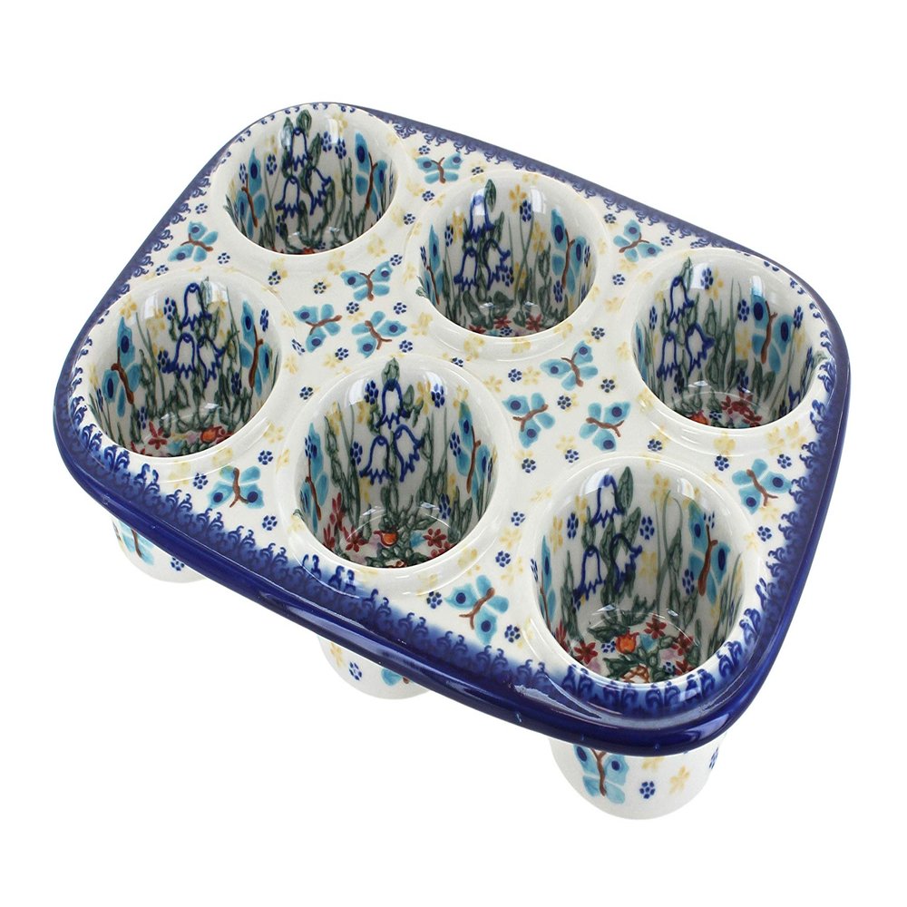 Blue Rose Polish Pottery - Blue Garden of Eden Muffin Pan - 12" x 8" - Ceramic Baking Dish, 6-Cup Muffin & Cupcake Pan