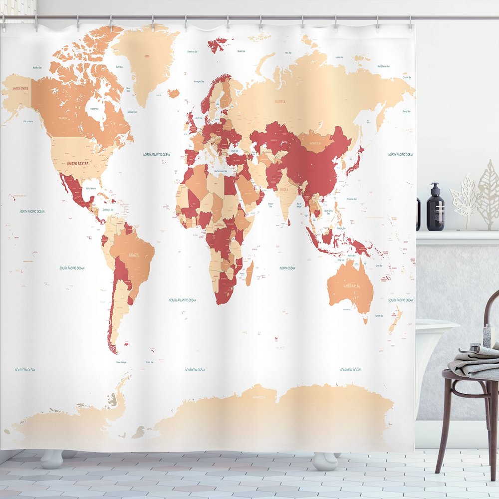 Ambesonne Earth Shower Curtain, Detailed World Map with All Countries Major Capital Cities Universe Continents, Cloth Fabric Bathroom Decor Set with Hooks, 69" W x 84" L, Beige Salmon