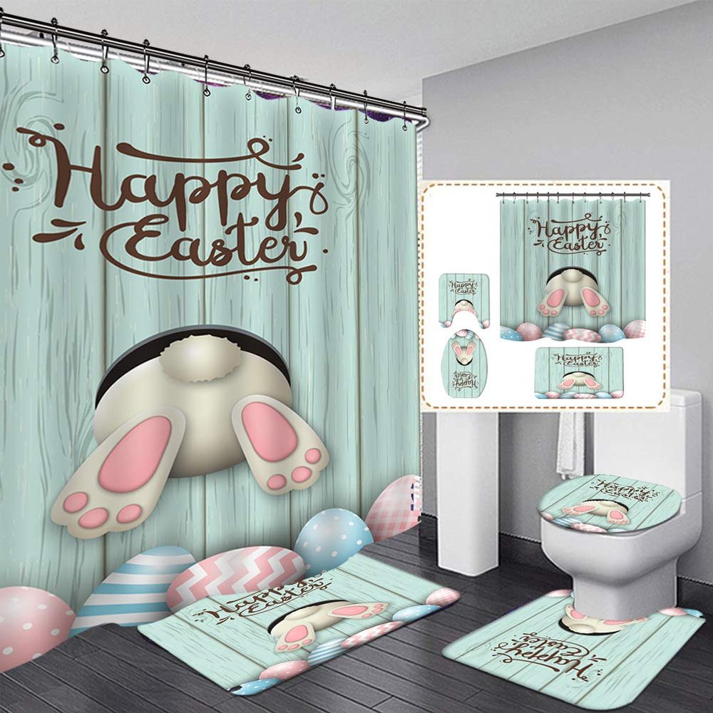Easter Shower Curtain Spring Bunny Rabbit Egg 4Pcs Happy Easter Shower Curtain Sets with Non-Slip Rug,Toilet Lid Cover Bath Mat Hooks, Waterproof Easter Bathroom Set Shower Curtain