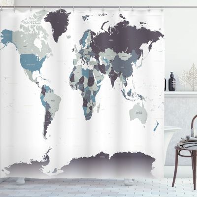 Ambesonne Earth Shower Curtain, Detailed World Map with All Countries Major Capital Cities Universe Continents, Cloth Fabric Bathroom Decor Set with Hooks, 69" W x 84" L, Dimgray Eggplant