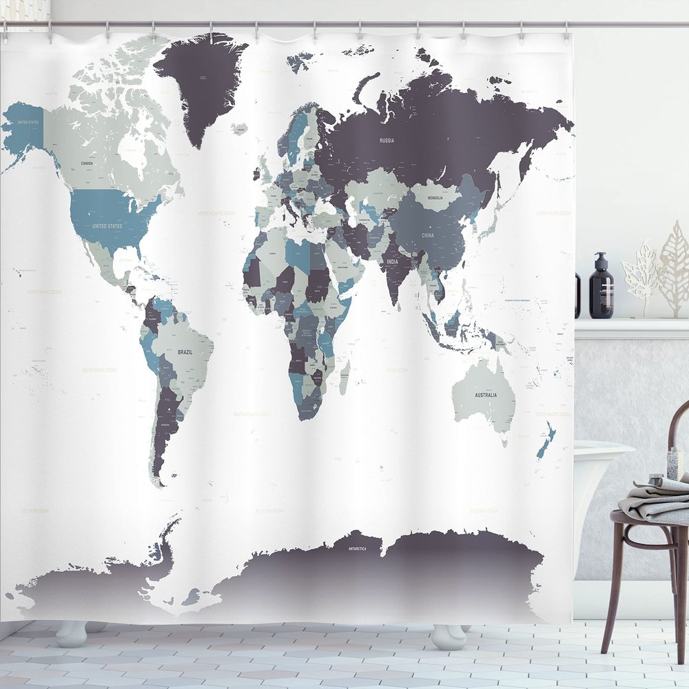 Ambesonne Earth Shower Curtain, Detailed World Map with All Countries Major Capital Cities Universe Continents, Cloth Fabric Bathroom Decor Set with Hooks, 69" W x 84" L, Dimgray Eggplant