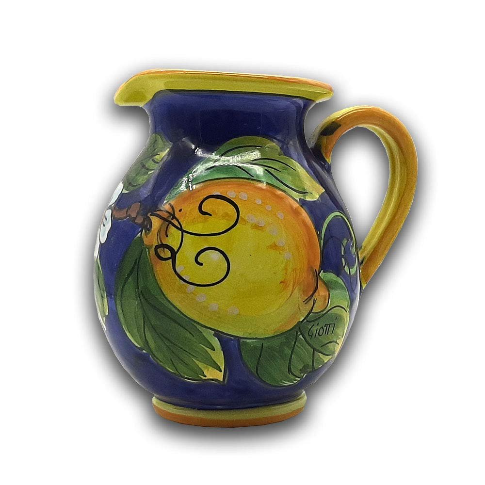 Italian Ceramic Pitcher Lemon Blue - 16 oz Hand Painted Utensil Holder Or Carafe Design for Kitchen - Made in ITALY Tuscany - Italian Pottery Vase Jar for Wine - Home Decor Ceramics Dispenser
