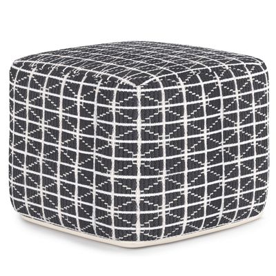 SIMPLIHOME Noreen Square Pouf - 18 inch Wide Upholstered Handwoven Cotton Ottoman in Slate Grey and White, Boho Footstool or Extra Seating for Living Room with Polystyrene Filling, Assembled