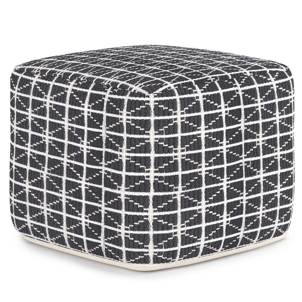 SIMPLIHOME Noreen Square Pouf - 18 inch Wide Upholstered Handwoven Cotton Ottoman in Slate Grey and White, Boho Footstool or Extra Seating for Living Room with Polystyrene Filling, Assembled
