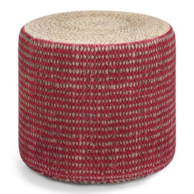 SIMPLIHOME Larissa Boho Round Braided Pouf in Natural and Maroon Jute for the Living Room, Bedroom and Kids Room
