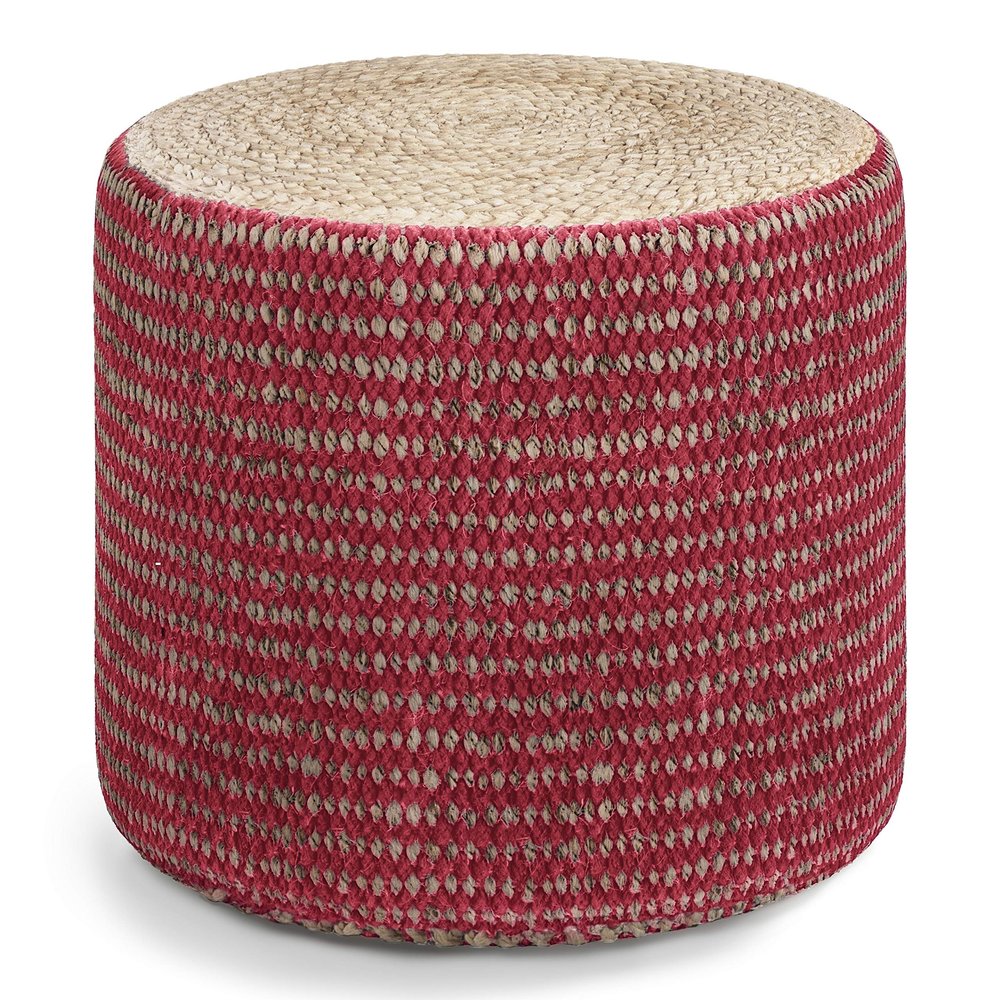 SIMPLIHOME Larissa Boho Round Braided Pouf in Natural and Maroon Jute for the Living Room, Bedroom and Kids Room