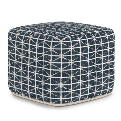 SIMPLIHOME Noreen Boho Square Pouf in Dark Blue and White Handloom Woven Pattern for the Living Room, Bedroom and Kids Room