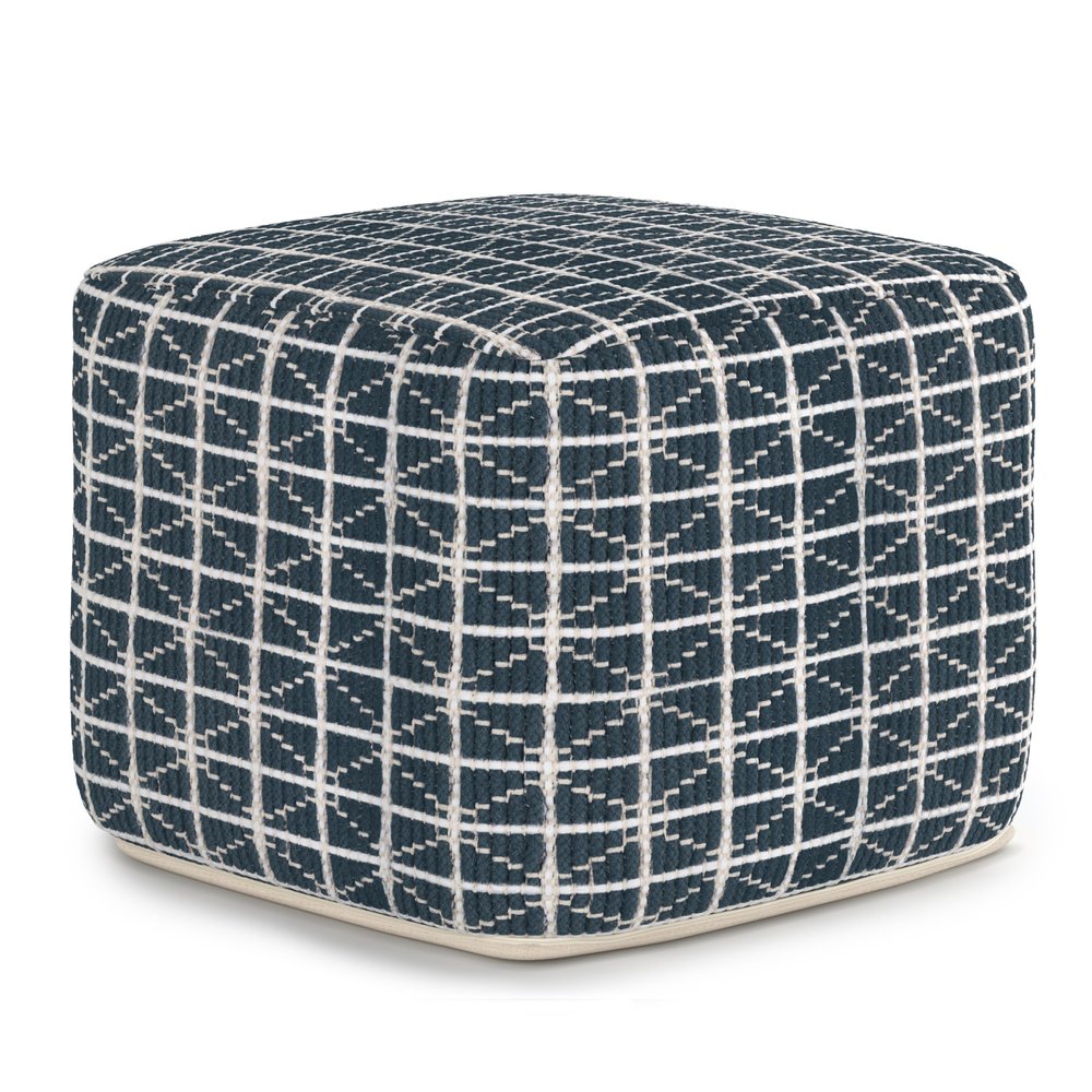 SIMPLIHOME Noreen Boho Square Pouf in Dark Blue and White Handloom Woven Pattern for the Living Room, Bedroom and Kids Room