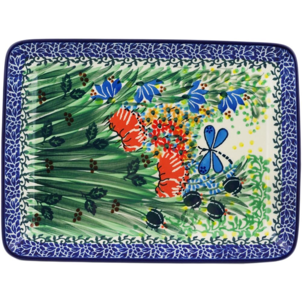 Polmedia Polish Pottery Platter 9-inch UNIKAT - Dragonfly Bounty Pattern Handmade in Boleslawiec Poland by Ceramika Artystyczna + Certificate of Authenticity