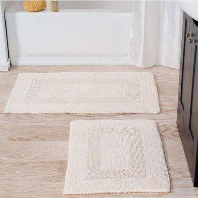 2 Piece Extra Soft Cotton Plush Bath Rug 35x22 Oversized, Beautiful Solid Color Textured Shaggy Touch Non-Slip Ivory Cream Bathroom Rugs 25x18 Regular-Size, Reversible Feel Cozy Comfy Washable Rug Set
