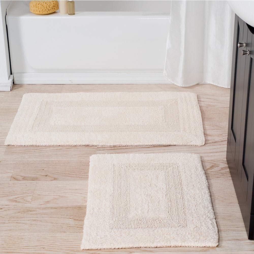 2 Piece Extra Soft Cotton Plush Bath Rug 35x22 Oversized, Beautiful Solid Color Textured Shaggy Touch Non-Slip Ivory Cream Bathroom Rugs 25x18 Regular-Size, Reversible Feel Cozy Comfy Washable Rug Set