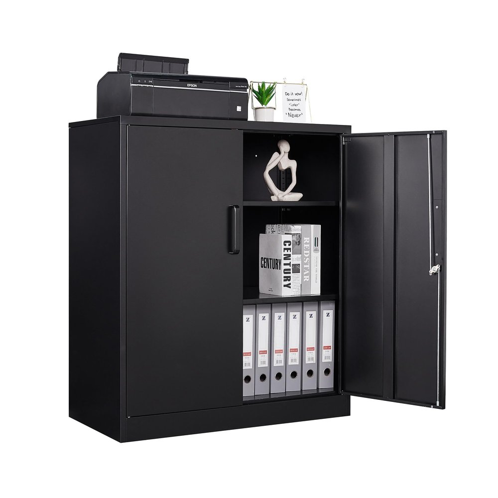 STANI Metal Storage Cabinet with 2 Adjustable Shelves, Steel Counter Cabinet with Lockable Doors for Home Office (Black)