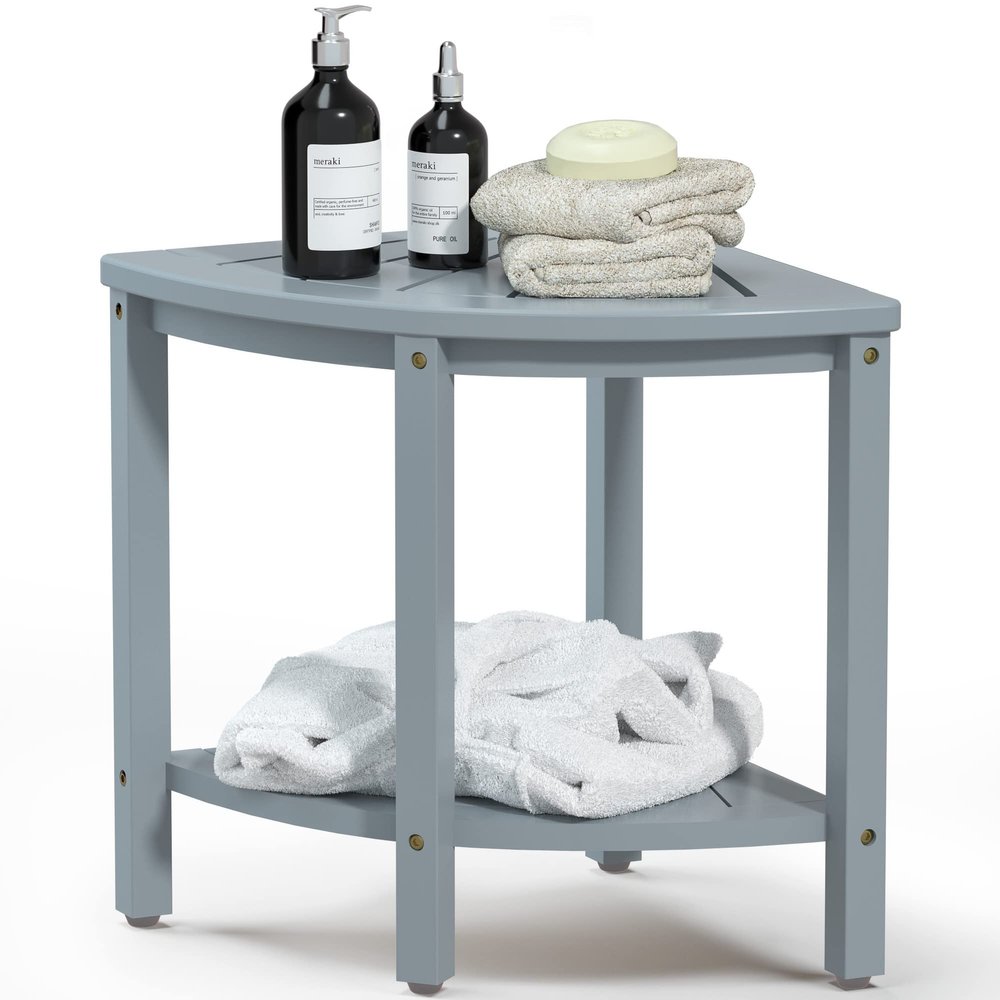 Bamfan Bamboo Corner Shower Bench Waterproof Stool with Space-Efficient Storage Shelf - Shower Stool Seat for Indoor or Outdoor Use(Bluish Grey)