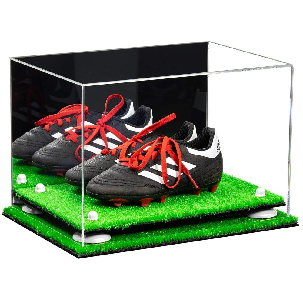 Better Display Cases Acrylic Kids Shoes Display Case - Medium Rectangle Box with Mirror Case, White Risers and Turf Base 12" x 8.25" x 8" (A004, V41)