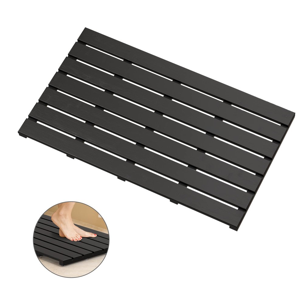 Bamboo Wooden Bath Floor Mat for Luxury Shower - Non-Slip Bathroom Waterproof Carpet for Indoor or Outdoor Use (Black,31.3 x 18.1 x 1.5 Inches)