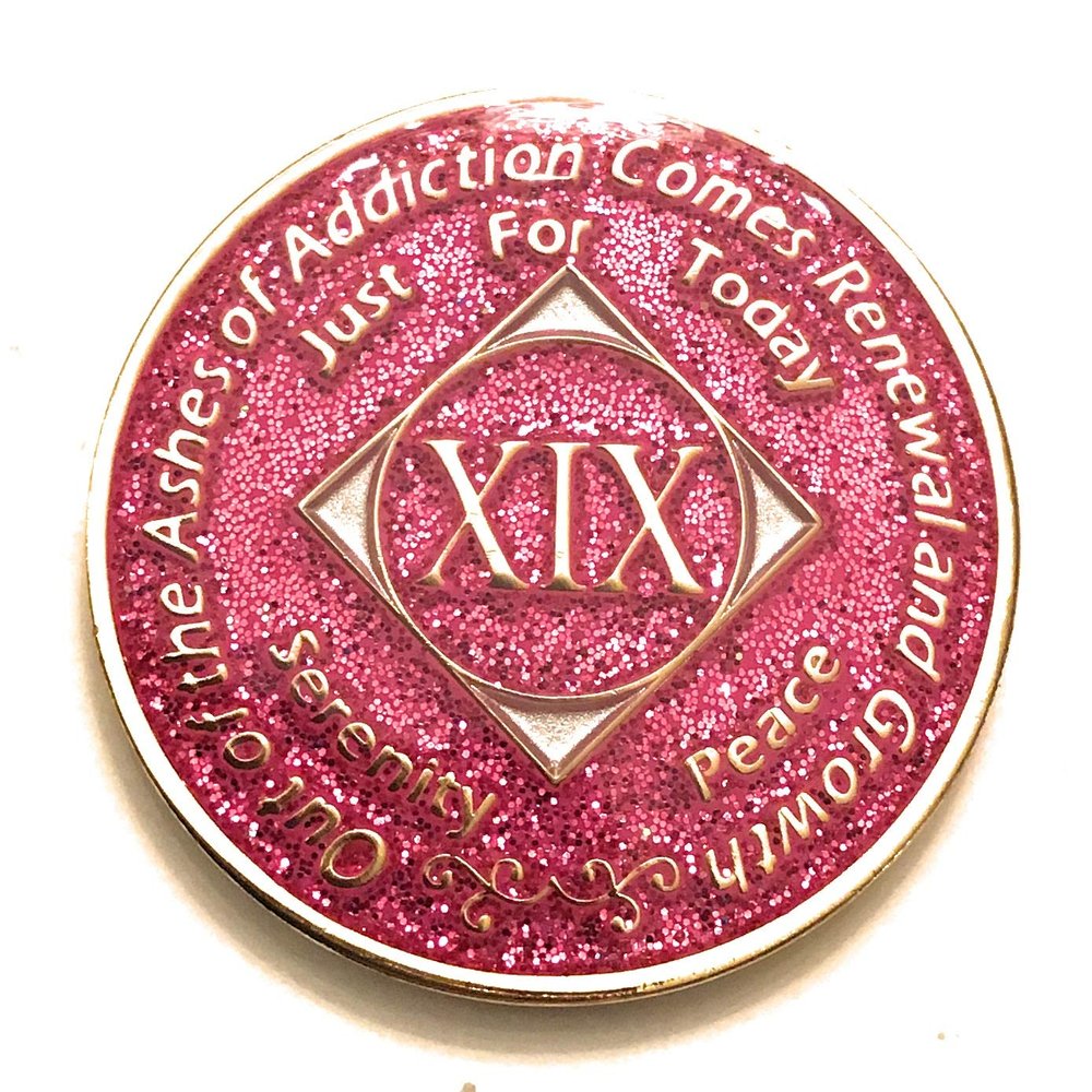 19 Year NA Bling Medallion - Pink, Sparkle, Glitter, Chip, Coin, Token
