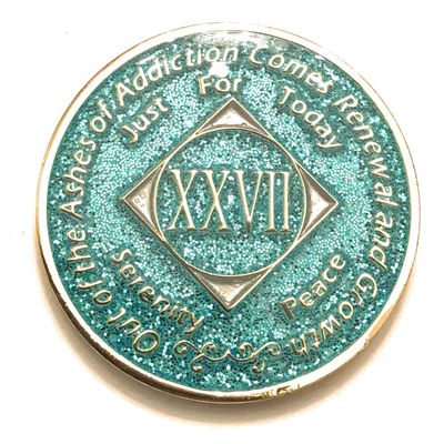 27 Year NA Bling Medallion - Blue, Aqua, Turquoise, Sparkle, Glitter, Chip, Coin, Token
