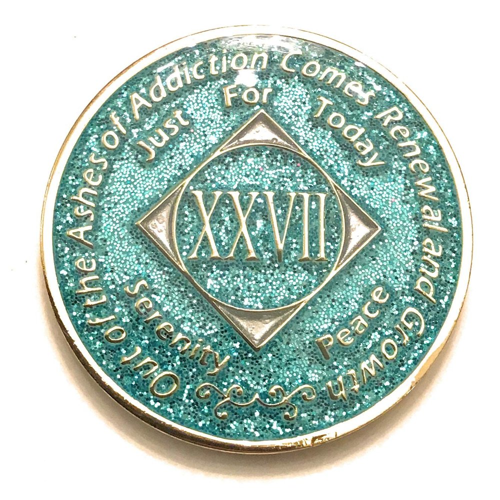 27 Year NA Bling Medallion - Blue, Aqua, Turquoise, Sparkle, Glitter, Chip, Coin, Token