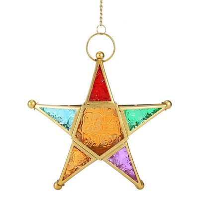 Agatige Moroccan Hanging Star Lantern, Iron Style Colorful Glass Lantern Candle Holder Garden Outdoor Terrace Decoration Ornament(Gold)