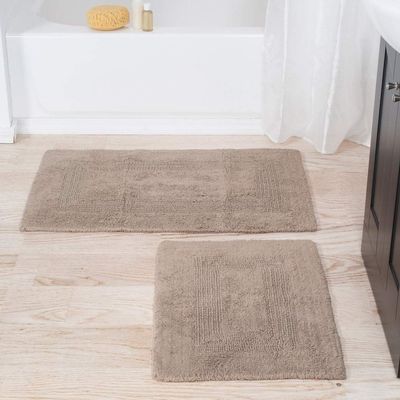 2 Piece Extra Soft Cotton Plush Bath Rug 35x22 Oversized | Beautiful Solid Color Textured Shaggy Touch Non-Slip Taupe Tan Bathroom Rugs 25x18 Regular-Size | Reversible Feel Cozy Comfy Washable Rug Set