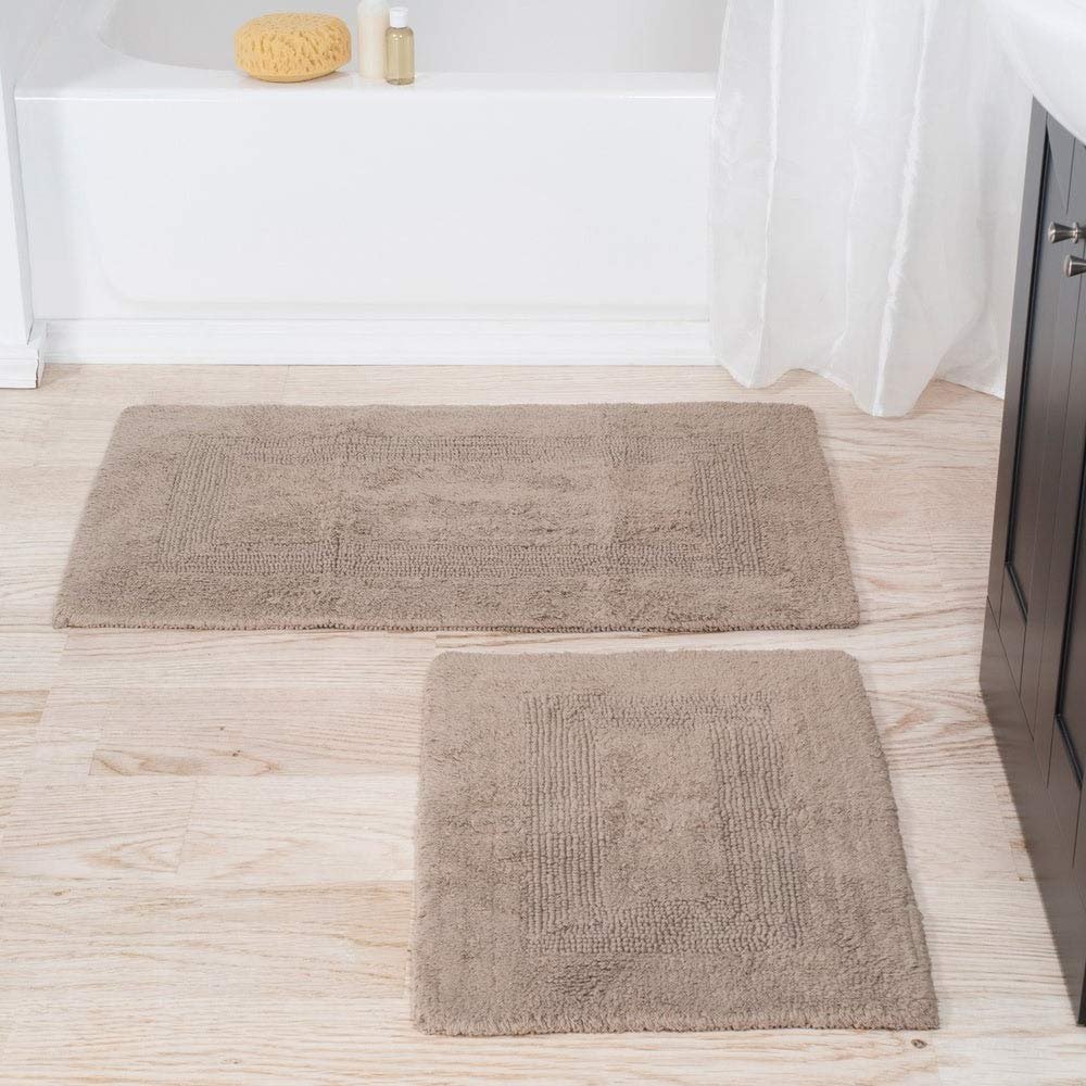 2 Piece Extra Soft Cotton Plush Bath Rug 35x22 Oversized | Beautiful Solid Color Textured Shaggy Touch Non-Slip Taupe Tan Bathroom Rugs 25x18 Regular-Size | Reversible Feel Cozy Comfy Washable Rug Set